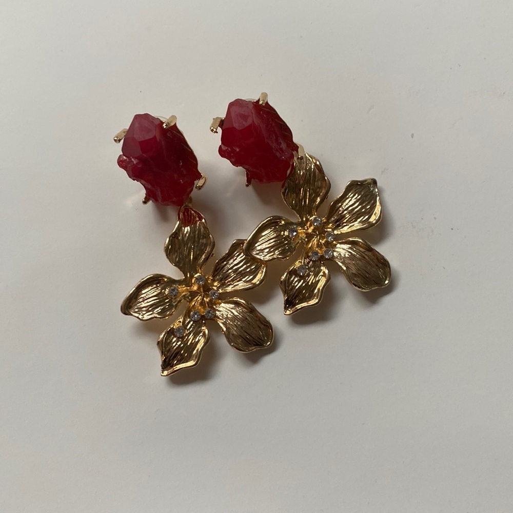 Red and Gold Dangle Flower Earrings